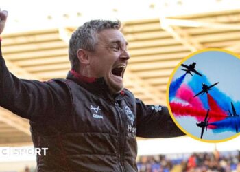 Lincoln City boss Michael Skubala celebrates with an inset image of the Red Arrows doing aerobatic moves with red and blue smoke coming off aircrafts