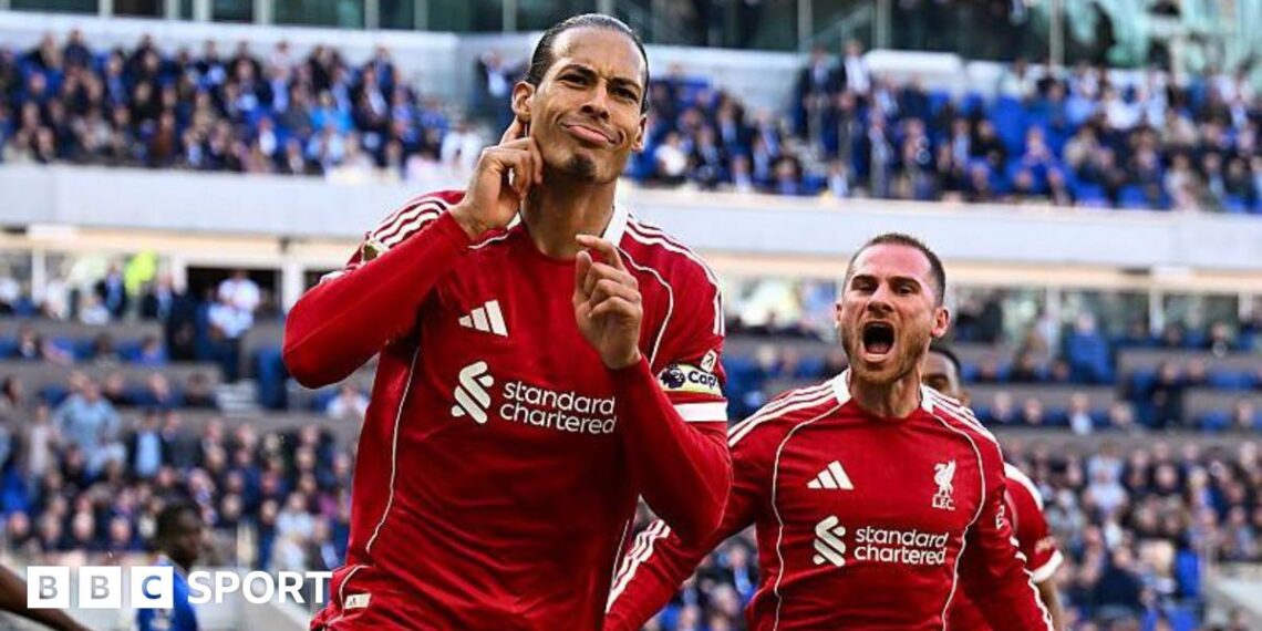 Van Dijk celebrates scoring against Everton