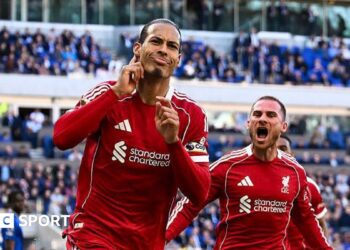 Van Dijk celebrates scoring against Everton
