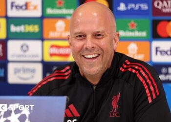 Arne Slot pictured during a news conference