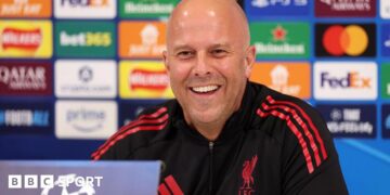 Arne Slot pictured during a news conference