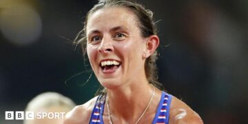 Great Britain's Jess Warner Judd smiles after finishing eighth in the women's 10,000m final at the 2023 World Athletics Championships in Budapest