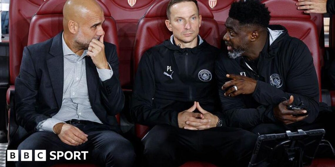 Coach of Manchester City Pep Guardiola, assistant-coaches Pepijn Lijnders and Kolo Toure during the UEFA Champions League 2025/26 League Phase MD2 football match between AS Monaco