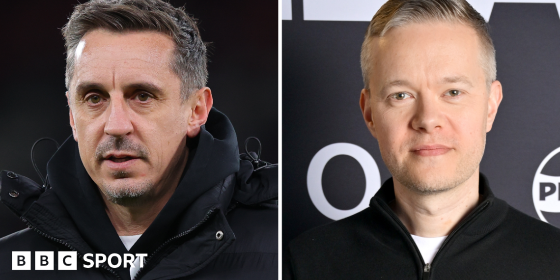 Split picture graphic of Gary Neville and Mark Goldbridge