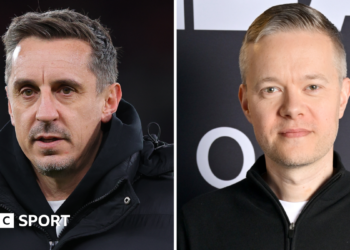 Split picture graphic of Gary Neville and Mark Goldbridge