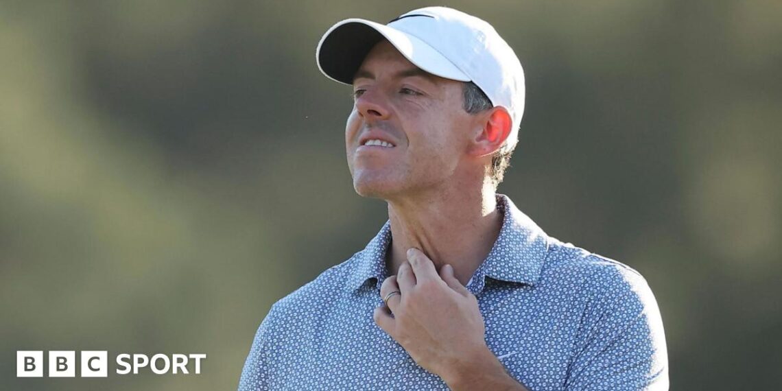 Rory McIlroy reacts during the 2026 Masters