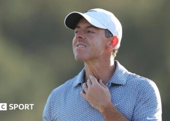Rory McIlroy reacts during the 2026 Masters
