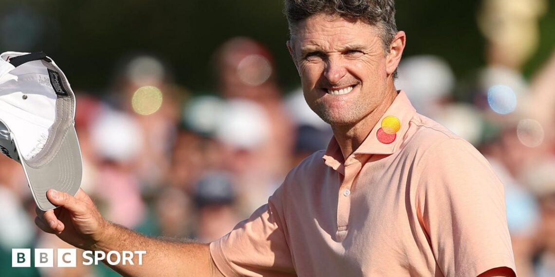 Justin Rose acknowledges the fans after finishing runner-up to Rory McIlroy at the 2025 Masters