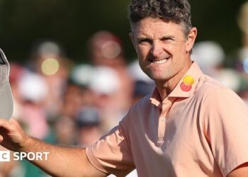 Justin Rose acknowledges the fans after finishing runner-up to Rory McIlroy at the 2025 Masters