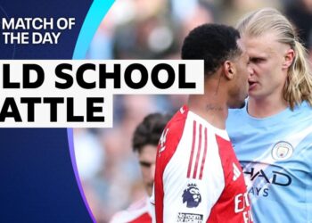 Arsenal's Gabriel faces off with Manchester City's Erling Haaland