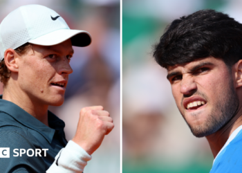 A split image of Jannik Sinner and Carlos Alcaraz