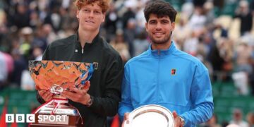 Jannik Sinner holds the Monte Carlo Master trophy alongside Carlos Alcaraz
