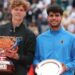 Jannik Sinner holds the Monte Carlo Master trophy alongside Carlos Alcaraz