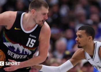 Nikola Jokic and fellow Most Valuable Player contender Victor Wembanyama go head-to-head during the match between Denver Nuggets and San Antonio Spurs