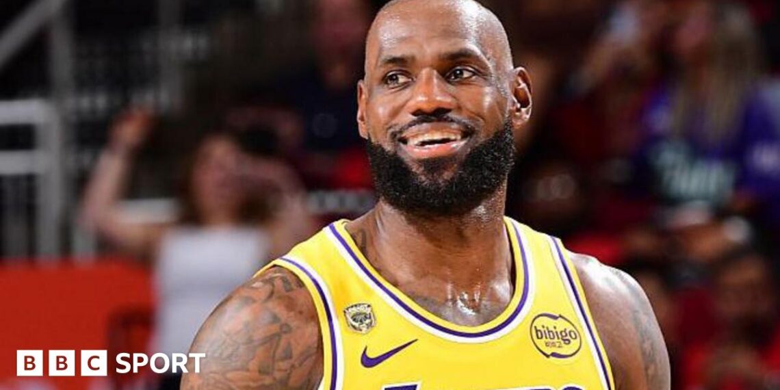 LeBron James smiles while playing for the Los Angeles Lakers against the Houston Rockets in game three of their 2026 NBA play-off series