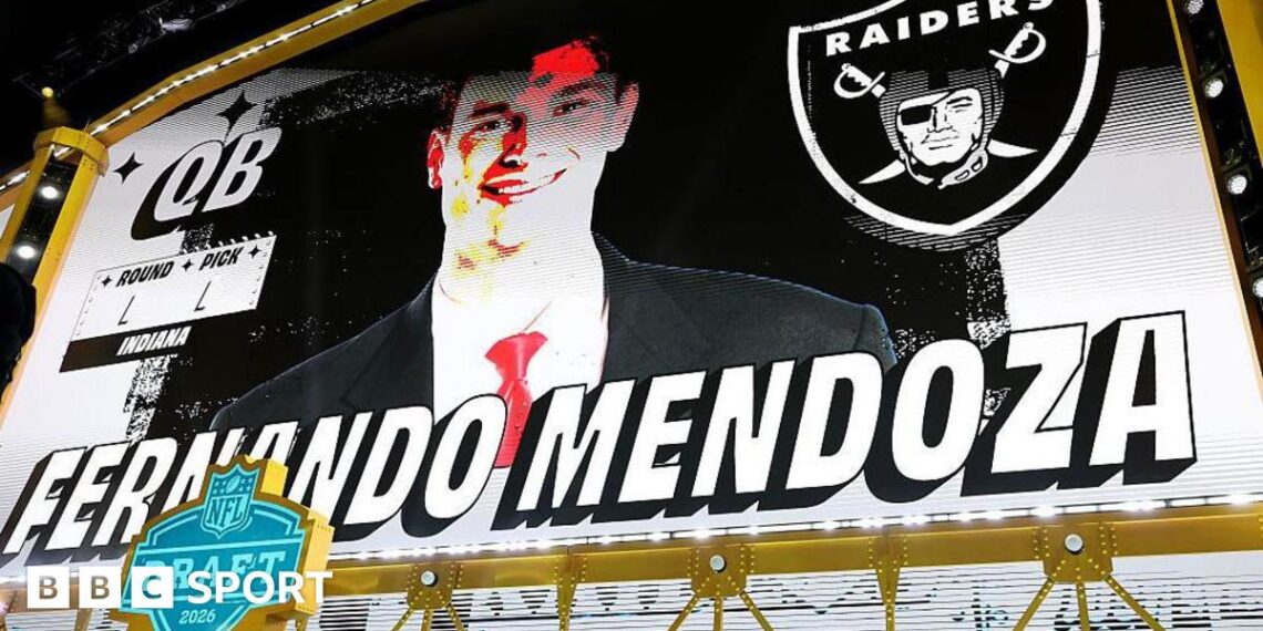The NFL Draft stage with an image of Fernando Mendoza after he was selected with the first overall pick by the Las Vegas Raiders in 2026