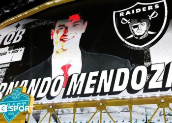 The NFL Draft stage with an image of Fernando Mendoza after he was selected with the first overall pick by the Las Vegas Raiders in 2026