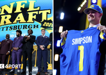 The NFL Draft in Pittsburgh with the Los Angeles Rams picking quarterback Ty Simpson in the first round