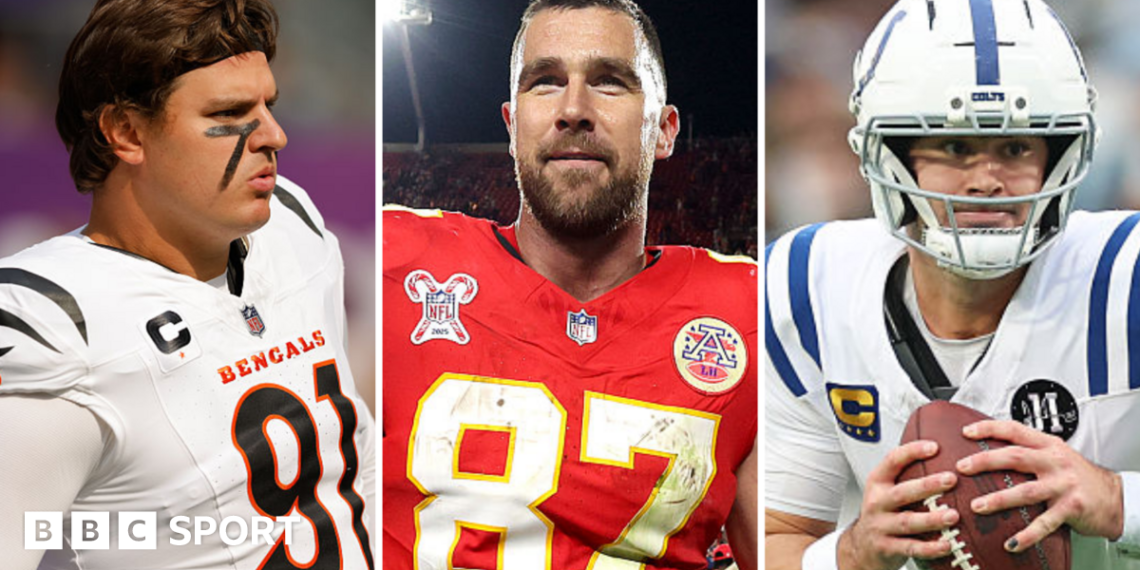 A split picture of Trey Hendrickson, Travis Kelce and Daniel Jones