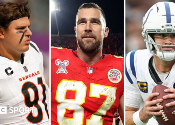 A split picture of Trey Hendrickson, Travis Kelce and Daniel Jones