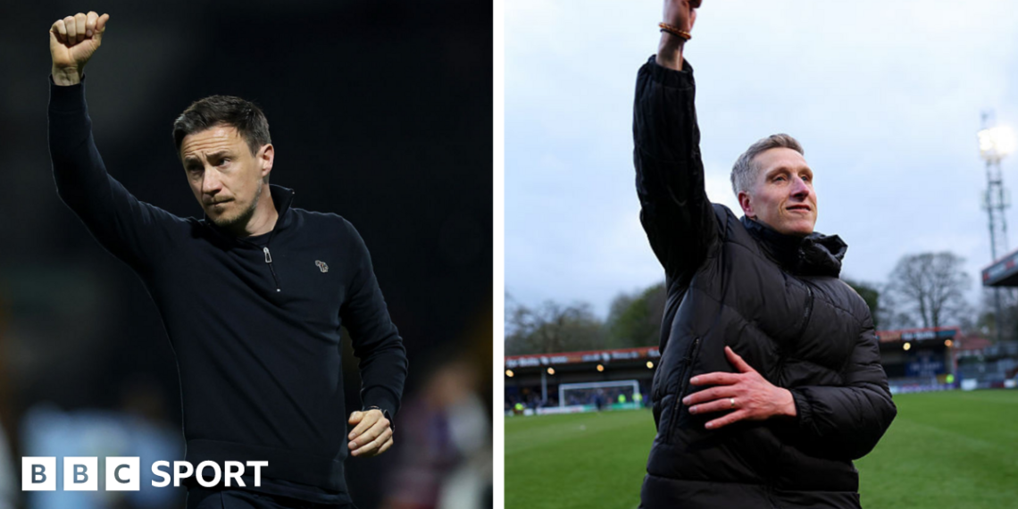 A composition image of York City manager Stuart Maynard and Rochdale manager Jimmy McNulty raising their arms in loft in celebrations after wins for their respective clubs in the National League 2025-26 title race