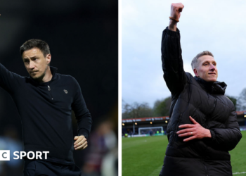 A composition image of York City manager Stuart Maynard and Rochdale manager Jimmy McNulty raising their arms in loft in celebrations after wins for their respective clubs in the National League 2025-26 title race