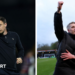 A composition image of York City manager Stuart Maynard and Rochdale manager Jimmy McNulty raising their arms in loft in celebrations after wins for their respective clubs in the National League 2025-26 title race