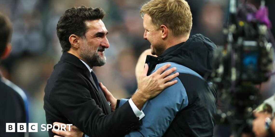 Yasir Al-Rumayyan greets Eddie Howe after Newcastle United qualify for the Champions League following a goalless draw against Leicester City at St James' Park on 22 May, 2023