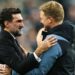 Yasir Al-Rumayyan greets Eddie Howe after Newcastle United qualify for the Champions League following a goalless draw against Leicester City at St James' Park on 22 May, 2023