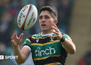 Anthony Belleau takes on Newcastle players during Northampton's Prem victory on 21 March