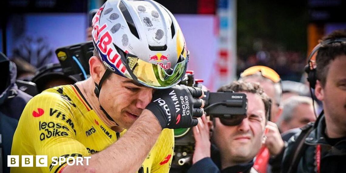 Wout van Aert celebrates winning Paris-Roubaix