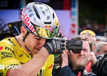 Wout van Aert celebrates winning Paris-Roubaix