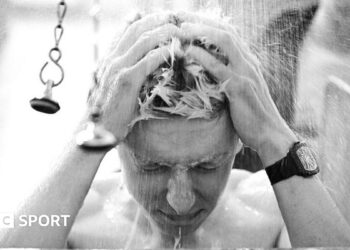 Tadej Pogacar showers after Paris-Roubaix