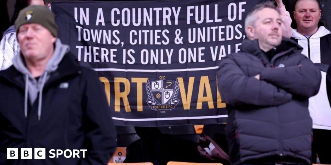 Port Vale fans with a banner that reads: "In a country full of towns, cities & uniteds, there is only one Vale - Port Vale"