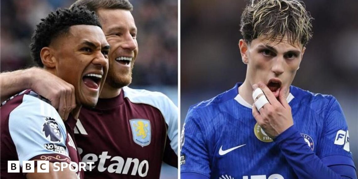 Split picture: Left, Ollie Watkins celebrates for Aston Villa and right, Chelsea's Alejandro Garnacho looks disappointed after a defeat