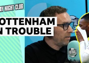 Marc Ogden speaking on Monday Night Club with caption 'Tottenham in trouble' and Tottenham playing with head in hands