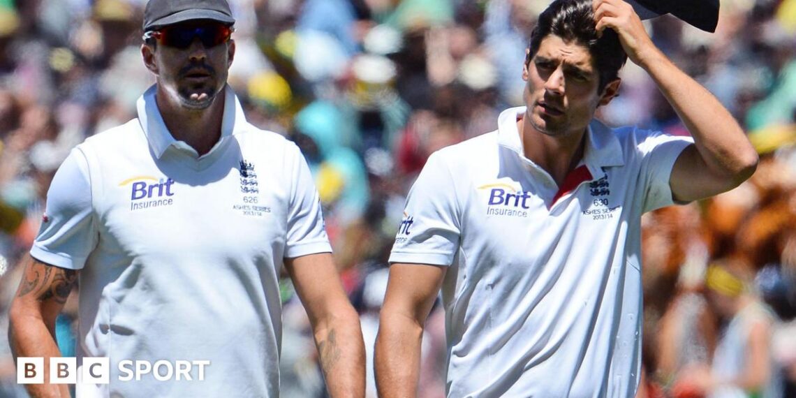 Kevin Pietersen and Alastair Cook walk off together
