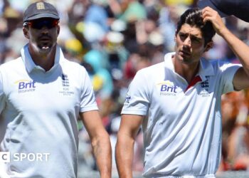 Kevin Pietersen and Alastair Cook walk off together