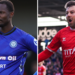 Rochdale striker Emmanuel Dieseruvwe (left) in his side's blue home shirt and York City's Ollie Pearce (right) in his team's red home jersey