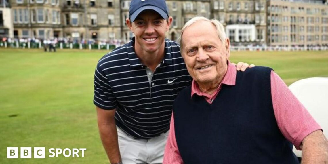 Jack Nicklaus and Rory McIlroy chat at the Memorial Tournament in 2023