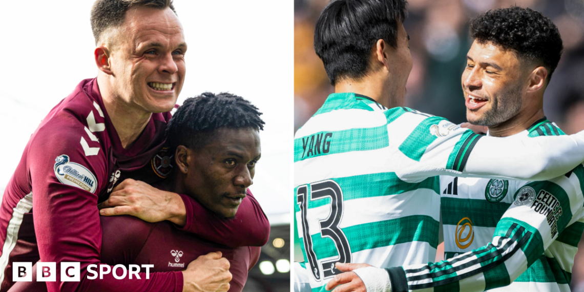 Hearts' Lawrence Shankland and Pierre Landry Kabore celebrate, as do Celtic's Yang Hyun-jun and Alex Oxlade-Chamberlain
