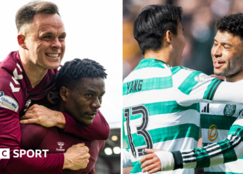 Hearts' Lawrence Shankland and Pierre Landry Kabore celebrate, as do Celtic's Yang Hyun-jun and Alex Oxlade-Chamberlain