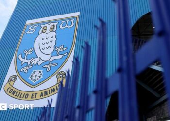General view outside the stadium showing Sheffield Wednesday club badge