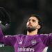 David Raya celebrates after Arsenal's 1-0 win at Sporting in the Champions League