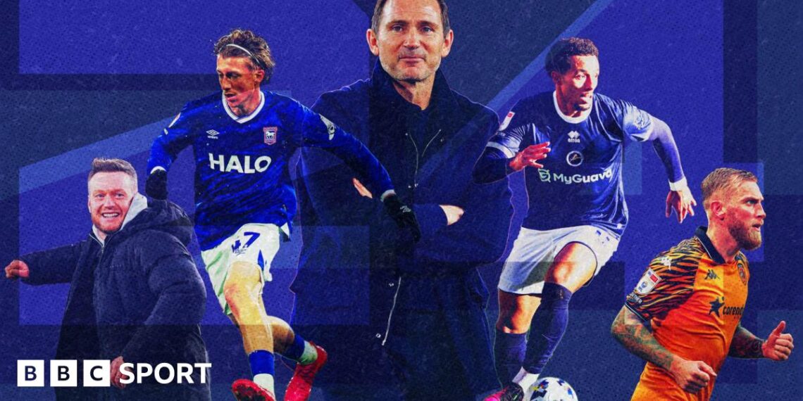 From left to right: Middlesbrough boss Kim Hellberg, Ipswich forward Jack Clarke, Coventry manager Frank Lampard, Millwall winger Femi Azeez and Hull striker Oli McBurnie