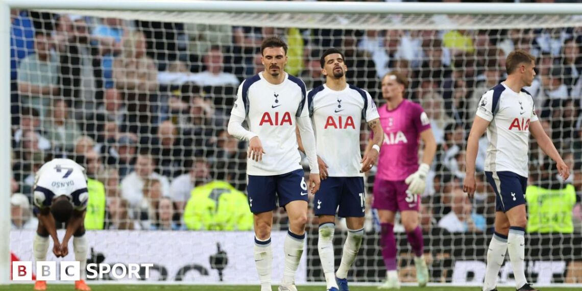 Tottenham's players react after conceding a late equaliser against Brighton