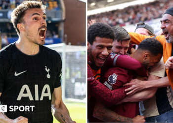 Split image of Tottenham and West Ham players celebrating their respective goals