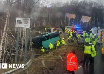 Two in hospital after bus crashes down embankment in the Highlands