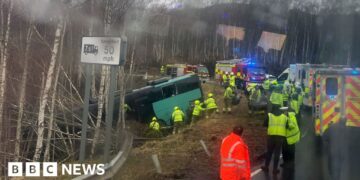 Two in hospital after bus crashes down embankment in the Highlands
