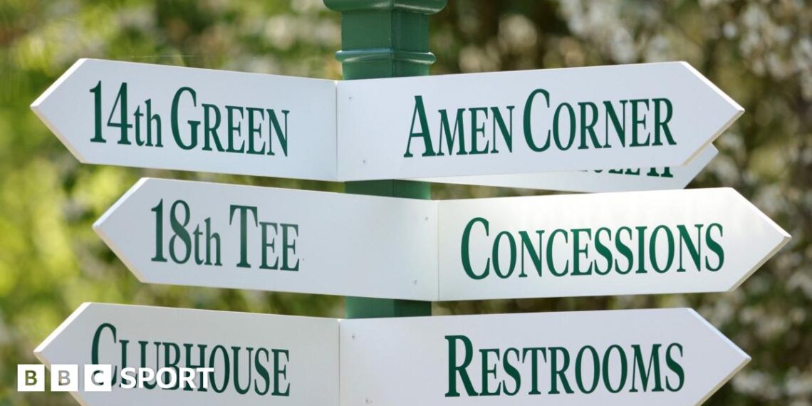 A sign at Augusta National Golf Club showing directions to Amen Corner, the 18th tee, concessions, the clubhouse and restrooms